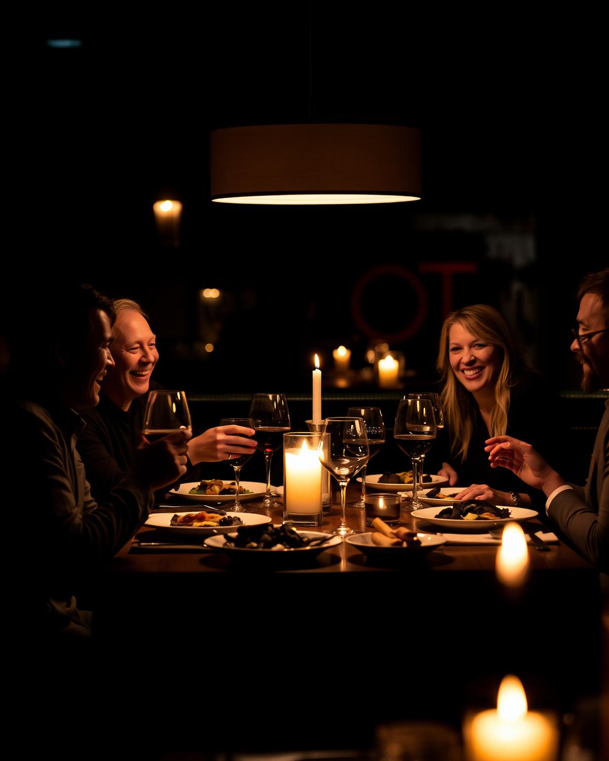 Guests sharing plates by candlelight