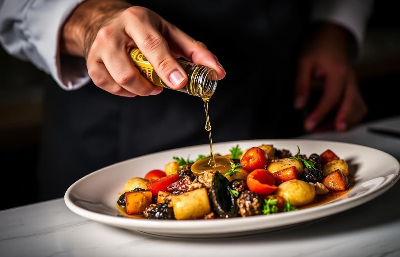 Chef finishing a plate with olive oil